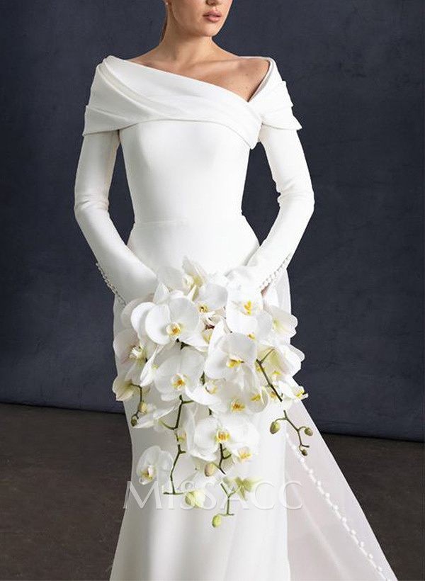 Sheath/Column Asymmetrical Long Sleeves Matte Satin Wedding Dresses