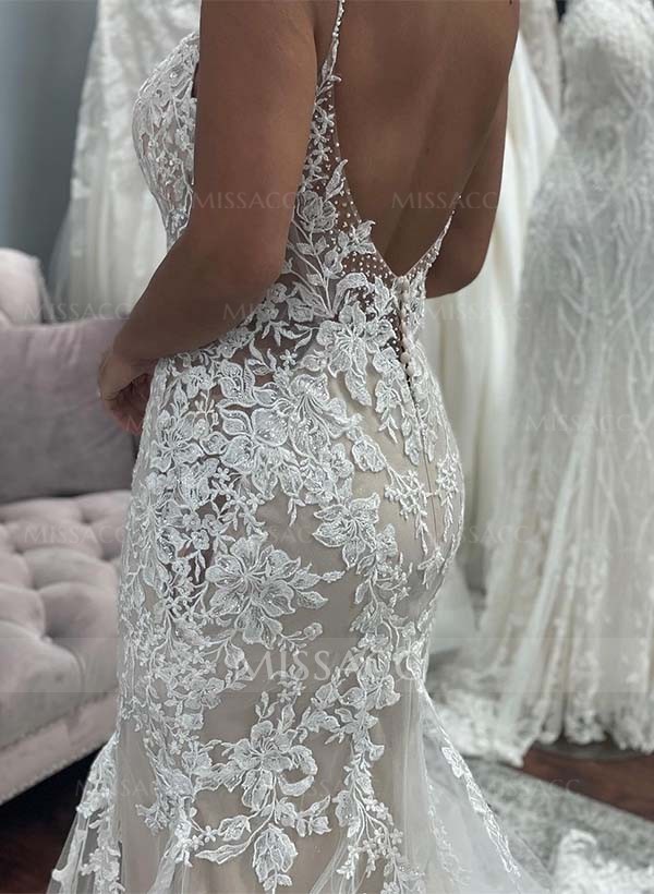 Trumpet/Mermaid V-Neck Sleeveless Wedding Dresses With Appliques Lace