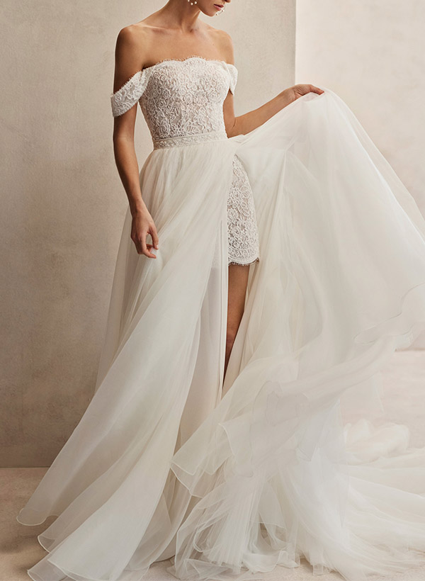 Sheath/Column Off-The-Shoulder Sleeveless Detachable Lace Wedding Dresses