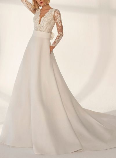 A-Line V-Neck Long Sleeves Court Train Satin Wedding Dresses With Bow(s)