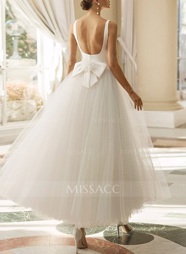 Ball-Gown Square Neckline Sleeveless Tulle Wedding Dresses With Bow(s)