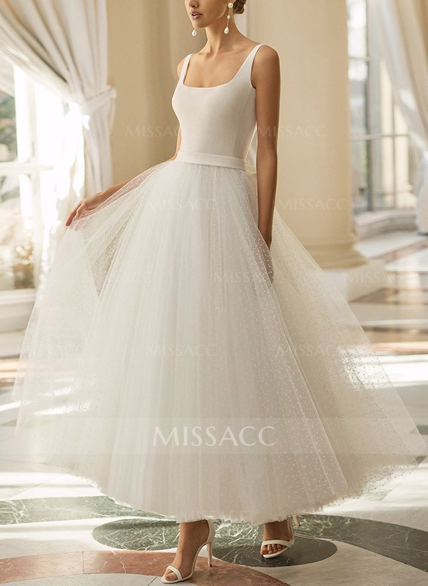 Ball-Gown Square Neckline Sleeveless Tulle Wedding Dresses With Bow(s)