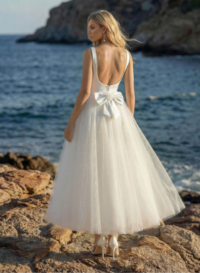 Ball-Gown Square Neckline Sleeveless Tulle Wedding Dresses With Bow(s)