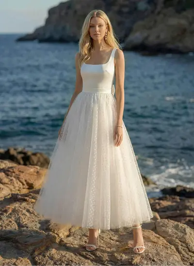 Ball-Gown Square Neckline Sleeveless Tulle Wedding Dresses With Bow(s)