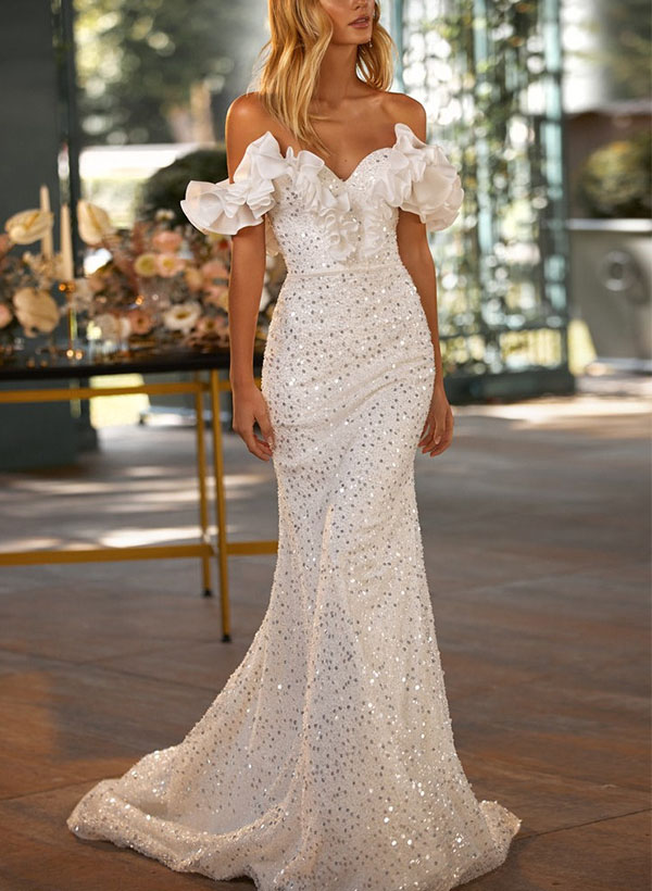 Trumpet/Mermaid Off-The-Shoulder Sequined Wedding Dresses With Ruffle