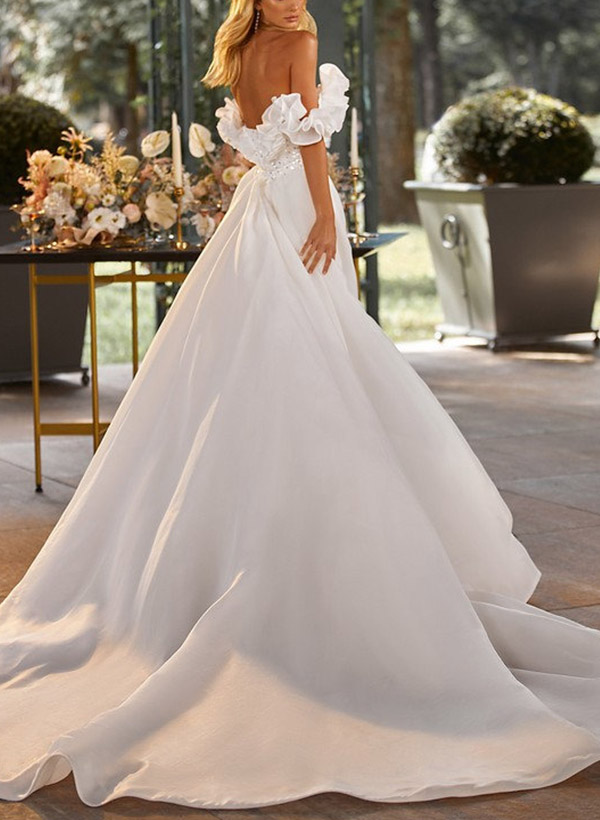 Trumpet/Mermaid Off-The-Shoulder Sequined Wedding Dresses With Ruffle