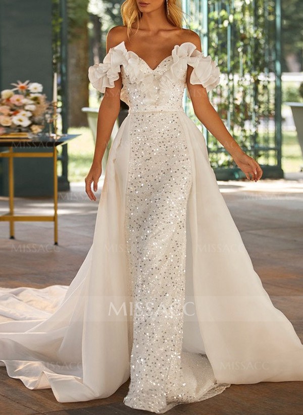 Trumpet/Mermaid Off-The-Shoulder Sequined Wedding Dresses With Ruffle