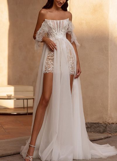 Sheath/Column Off-The-Shoulder Sleeveless Lace Wedding Dresses