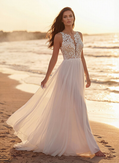 A-Line Scoop Neck Sleeveless Lace Wedding Dresses With Appliques Lace