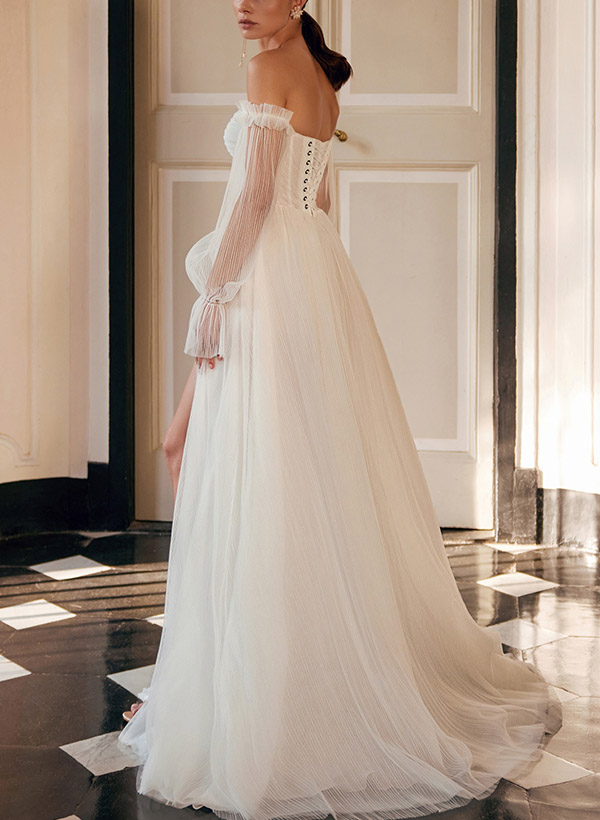 A-Line Off-The-Shoulder Long Sleeves Tulle Wedding Dresses With Split Front