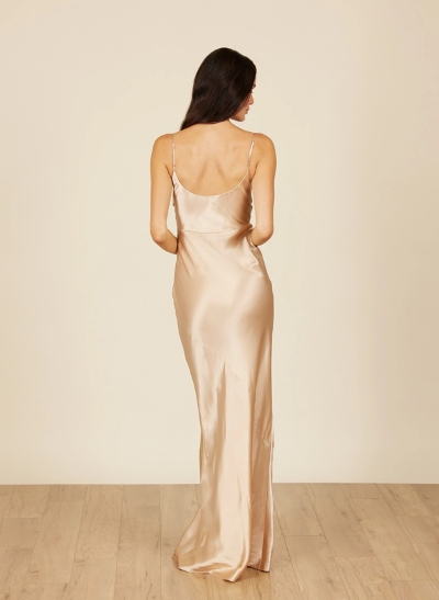 Sheath/Column Cowl Neck Sleeveless Silk like Satin Floor-Length Bridesmaid Dress 
