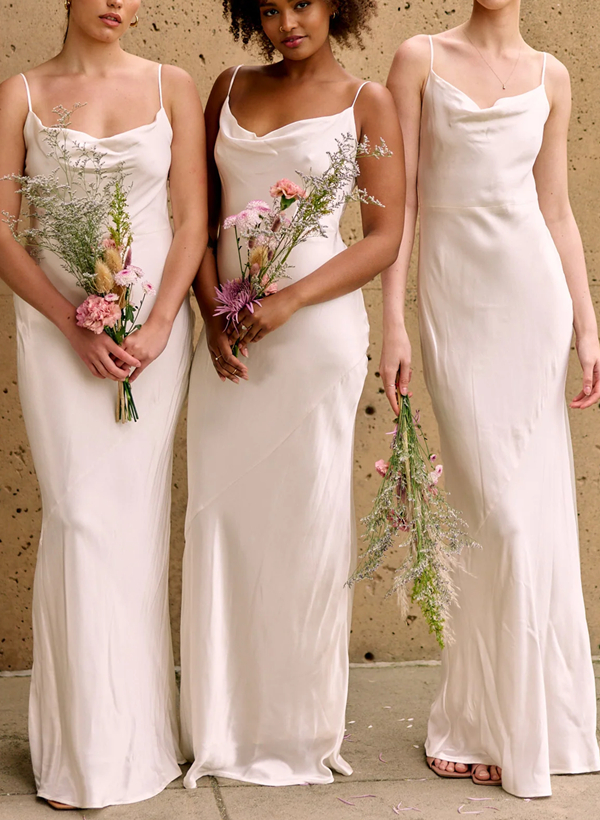 Sheath/Column Cowl Neck Sleeveless Silk like Satin Floor-Length Bridesmaid Dress 