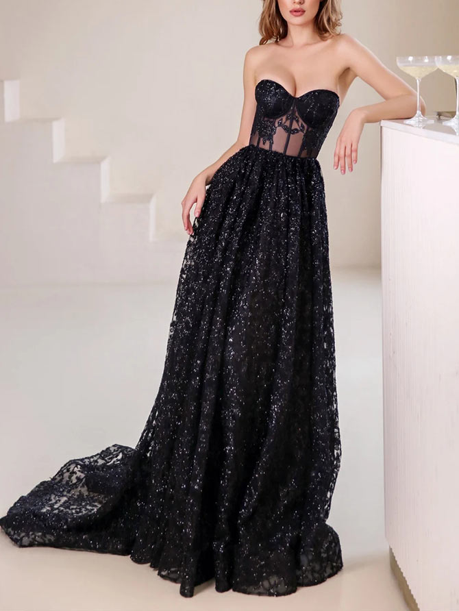A-Line Sweetheart Sweep Train Lace Prom Dress With Appliques Lace