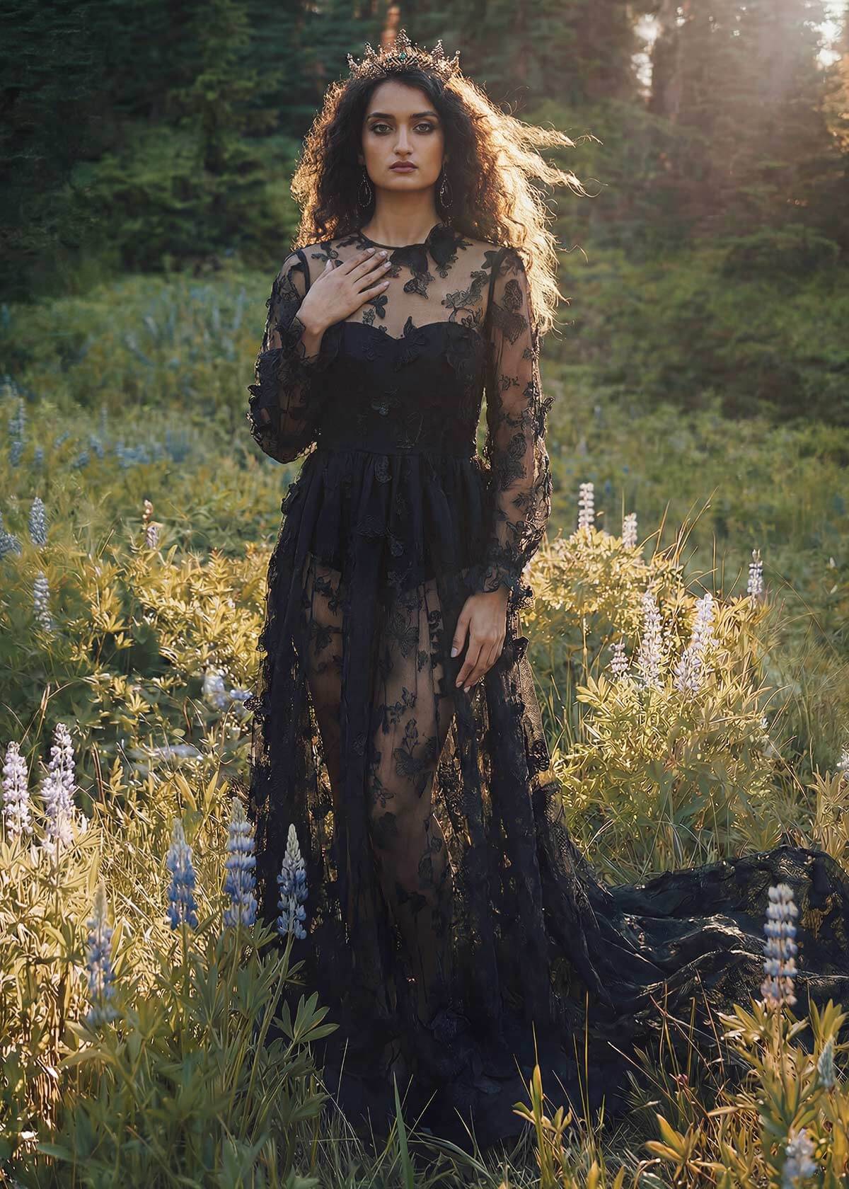 A-Line Illusion Neck Sweep Train Lace Prom Dress