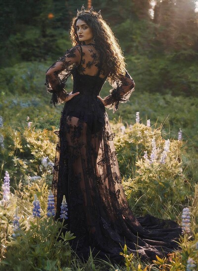 A-Line Illusion Neck Sweep Train Lace Prom Dress