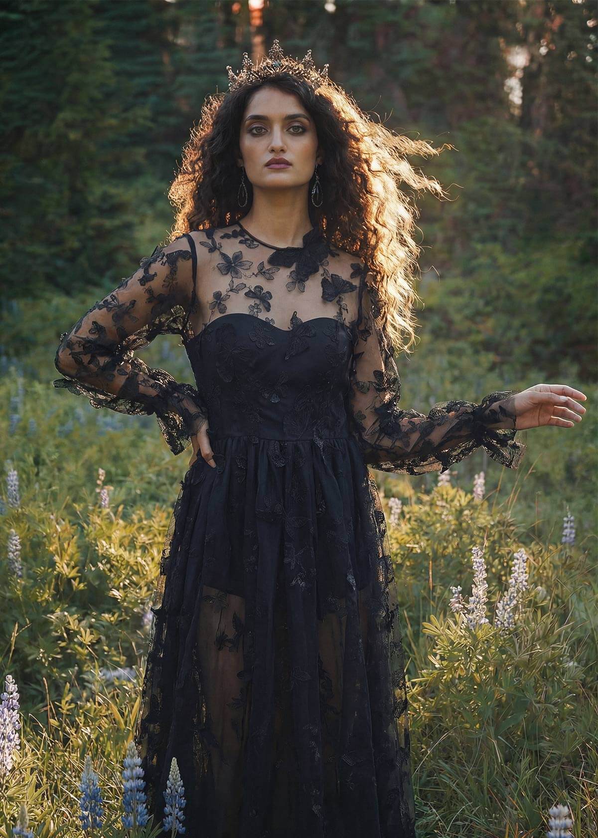 A-Line Illusion Neck Sweep Train Lace Prom Dress