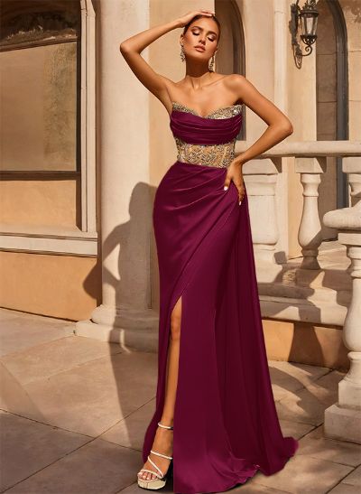 Sheath/Column V-Neck Sleeveless Silk Like Satin Floor-Length Prom Dress With Split Front