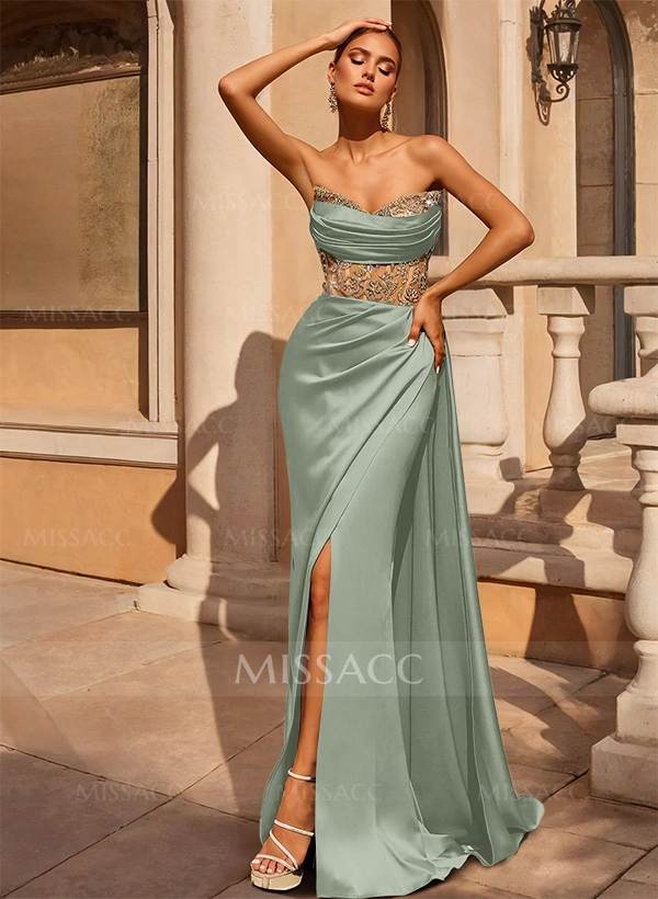 Sheath/Column V-Neck Sleeveless Silk Like Satin Floor-Length Prom Dress With Split Front