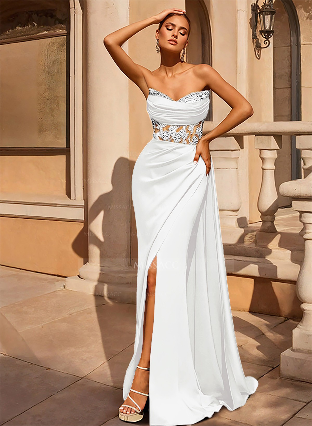 Sheath/Column V-Neck Sleeveless Silk Like Satin Floor-Length Prom