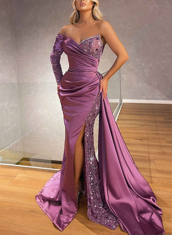 Sheath/Column One-Shoulder Long Sleeves Prom Dresses With Sequins