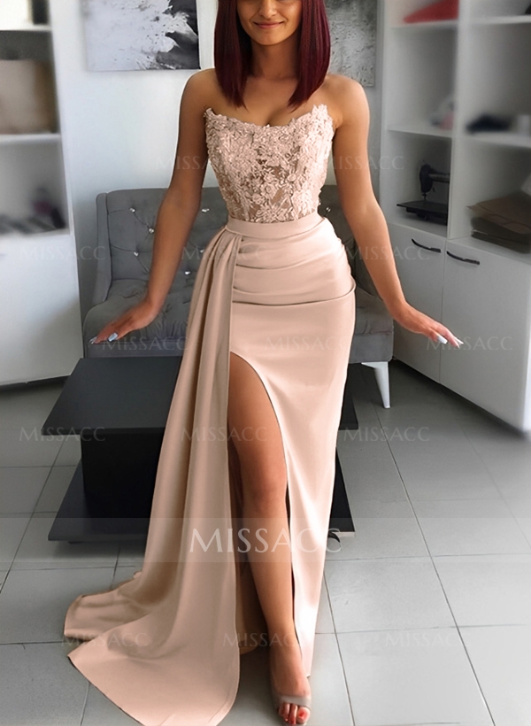 Sheath/Column Strapless Sleeveless Silk Like Satin Evening Dresses With Lace/High Split