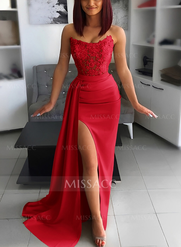 Sheath/Column Strapless Sleeveless Silk Like Satin Evening Dresses With Lace/High Split