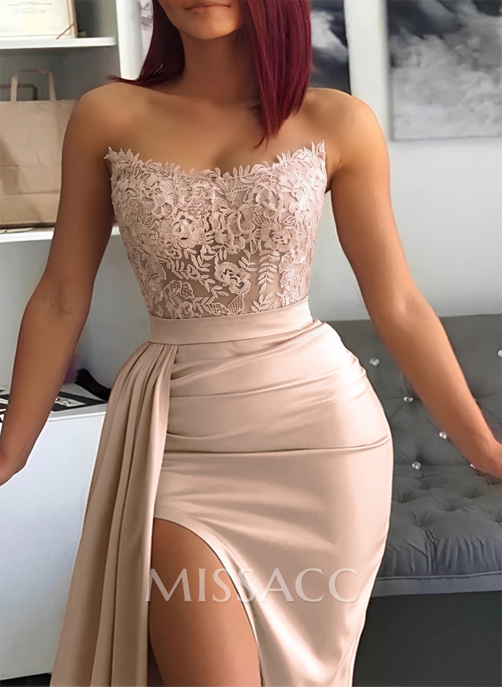 Sheath/Column Strapless Sleeveless Silk Like Satin Evening Dresses With Lace/High Split