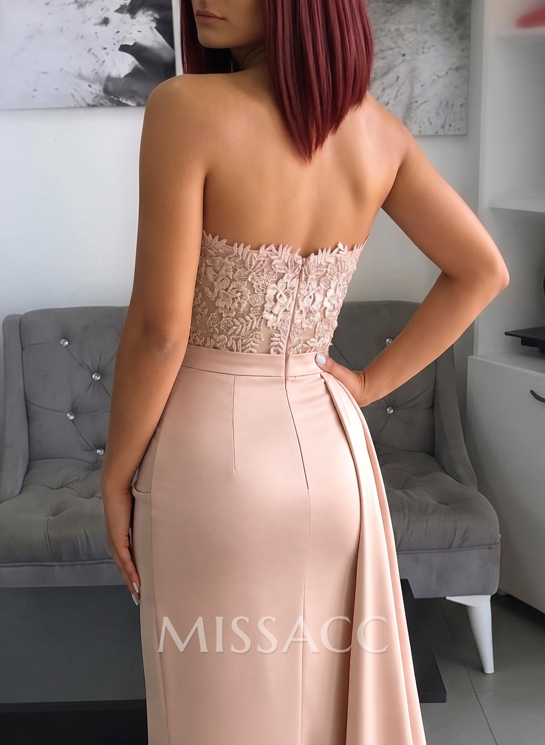 Sheath/Column Strapless Sleeveless Silk Like Satin Evening Dresses With Lace/High Split