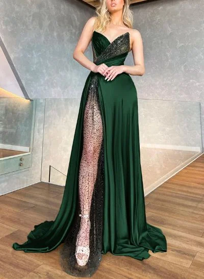 Missacc Peacock Prom Dresses A-Line Sweetheart Sleeveless Sweep Train Silk Like Satin Prom Dresses With Split Front/Sequins