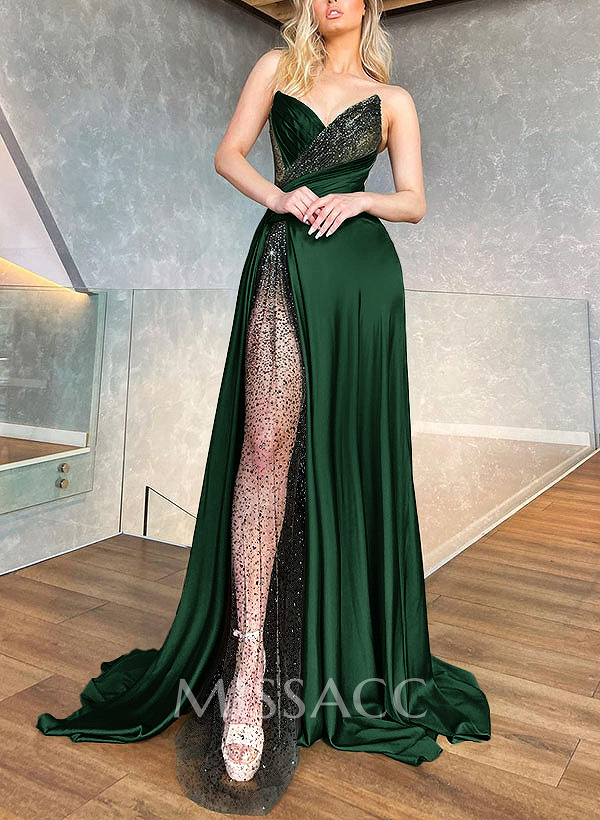 A-Line Sweetheart Sleeveless Sweep Train Silk Like Satin Prom Dresses With Split Front/Sequins A-Line Sweetheart Sleeveless Sweep Train Silk Like Satin Prom Dresses With Split Front/Sequins