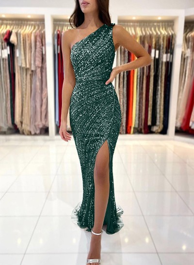 Flattering Bedazzled One-Shoulder Sleeveless Prom Dress With Split Front