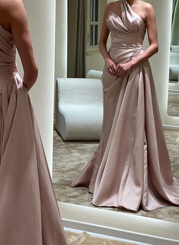 Sheath/Column One-Shoulder Sleeveless Silk like Satin Sweep Train Prom Dress