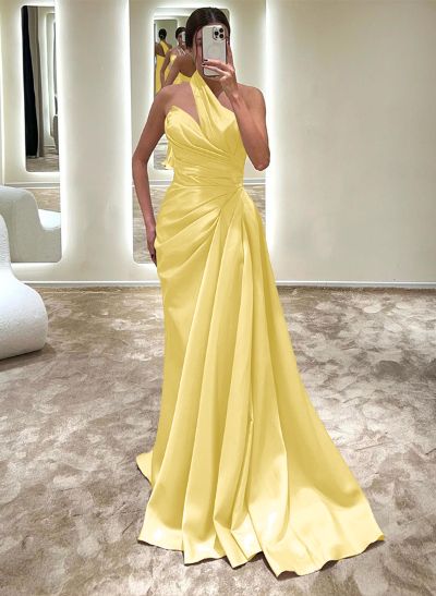 Sheath/Column One-Shoulder Sleeveless Silk Like Satin Sweep Train Prom Dress