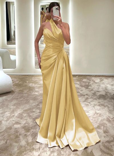 Sheath/Column One-Shoulder Sleeveless Silk Like Satin Sweep Train Prom Dress