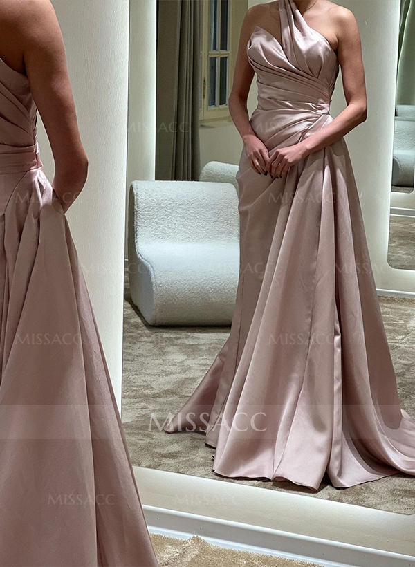 Sheath/Column One-Shoulder Sleeveless Silk Like Satin Sweep Train Prom Dress