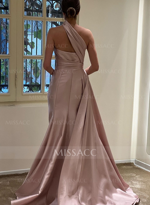 Sheath/Column One-Shoulder Sleeveless Silk Like Satin Sweep Train Prom Dress