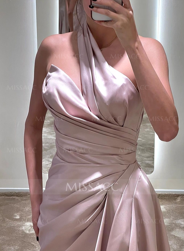 Sheath/Column One-Shoulder Sleeveless Silk Like Satin Sweep Train Prom Dress