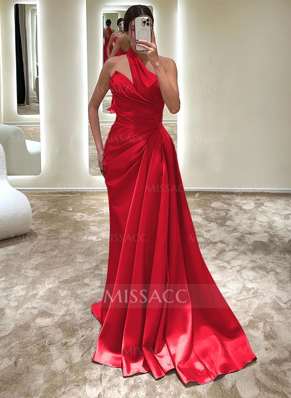 Sheath/Column One-Shoulder Sleeveless Silk Like Satin Sweep Train Prom Dress