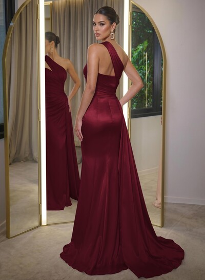 Sheath/Column One-Shoulder Sleeveless Silk Like Satin Sweep Train Prom Dress