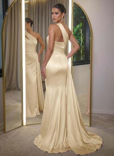 Sheath/Column One-Shoulder Sleeveless Silk Like Satin Sweep Train Prom Dress