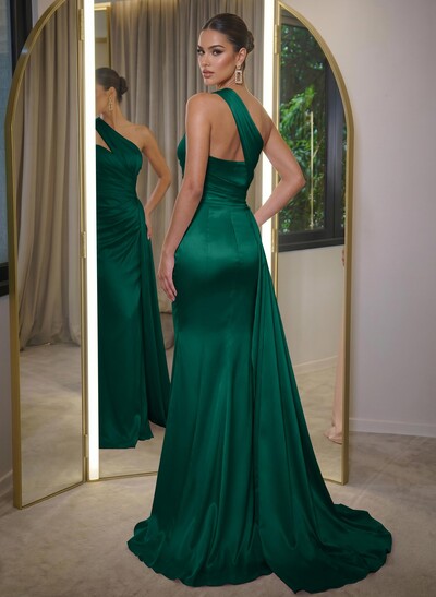 Sheath/Column One-Shoulder Sleeveless Silk Like Satin Sweep Train Prom Dress