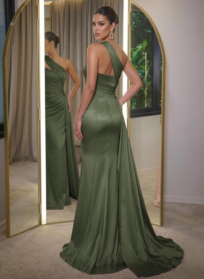 Sheath/Column One-Shoulder Sleeveless Sweep Train Silk Like Satin Evening Dresses