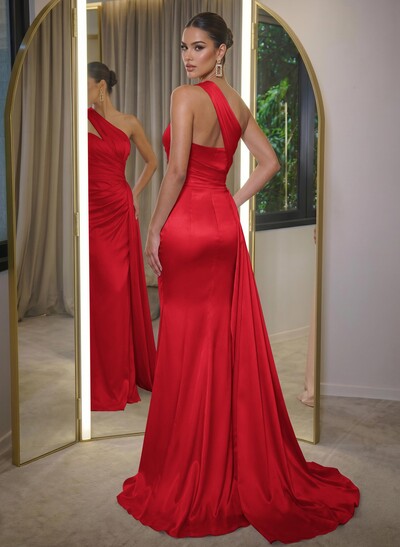Sheath/Column One-Shoulder Sleeveless Silk Like Satin Sweep Train Prom Dress