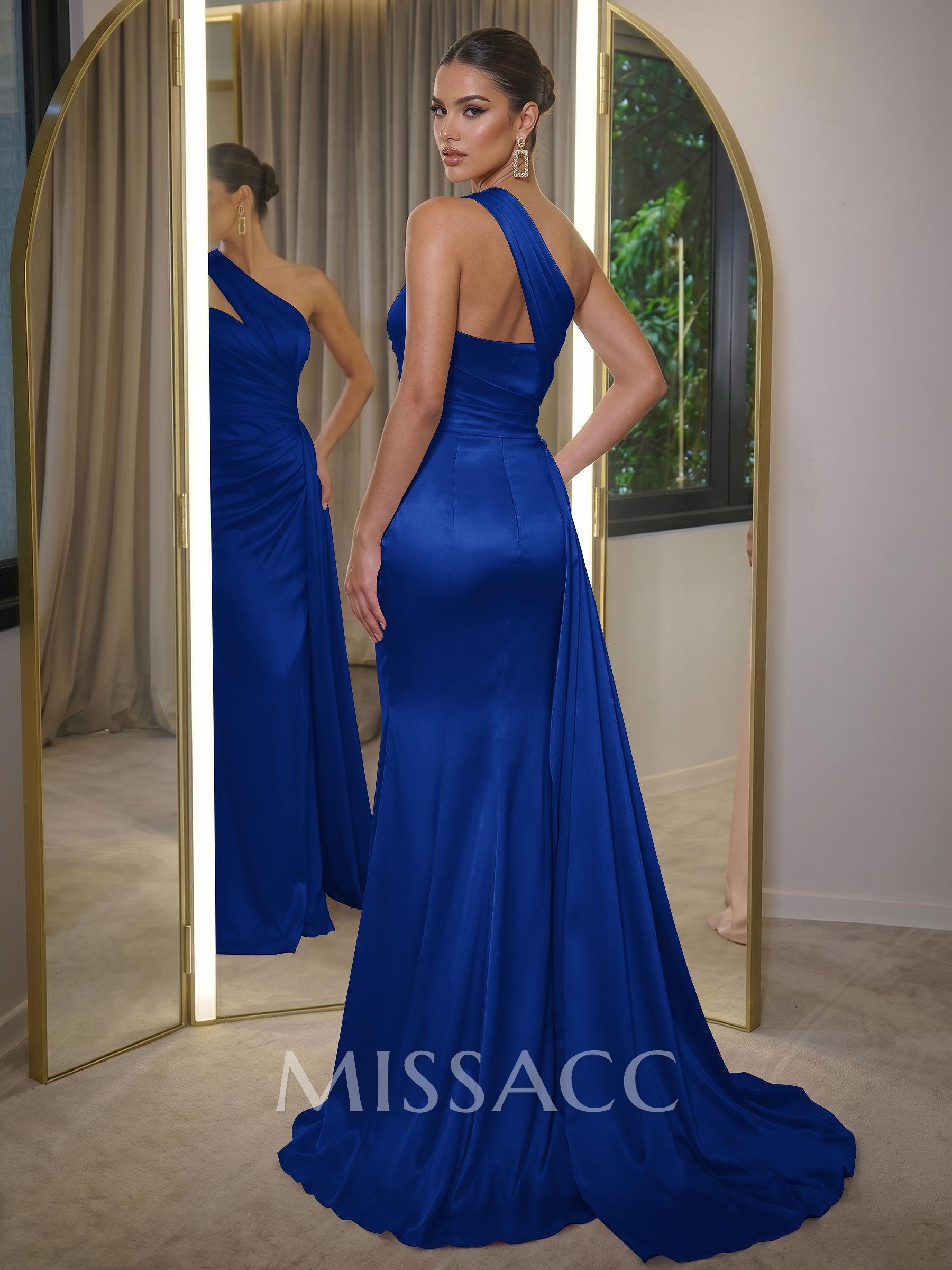 Sheath/Column One-Shoulder Sleeveless Silk Like Satin Sweep Train Prom Dress