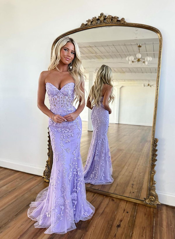 Trumpet/Mermaid Sleeveless Strapless Lace Sweep Train Prom Dress With Lace