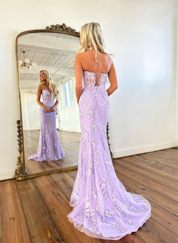 Trumpet/Mermaid Sleeveless Strapless Lace Sweep Train Prom Dress With Lace