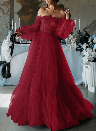 A-Line Sweetheart Floor-Length Tulle Prom Dress