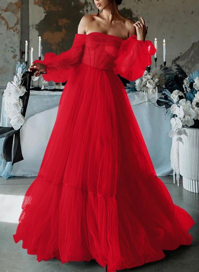 A-Line Sweetheart Floor-Length Tulle Prom Dress