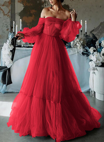 A-Line Sweetheart Floor-Length Tulle Prom Dress