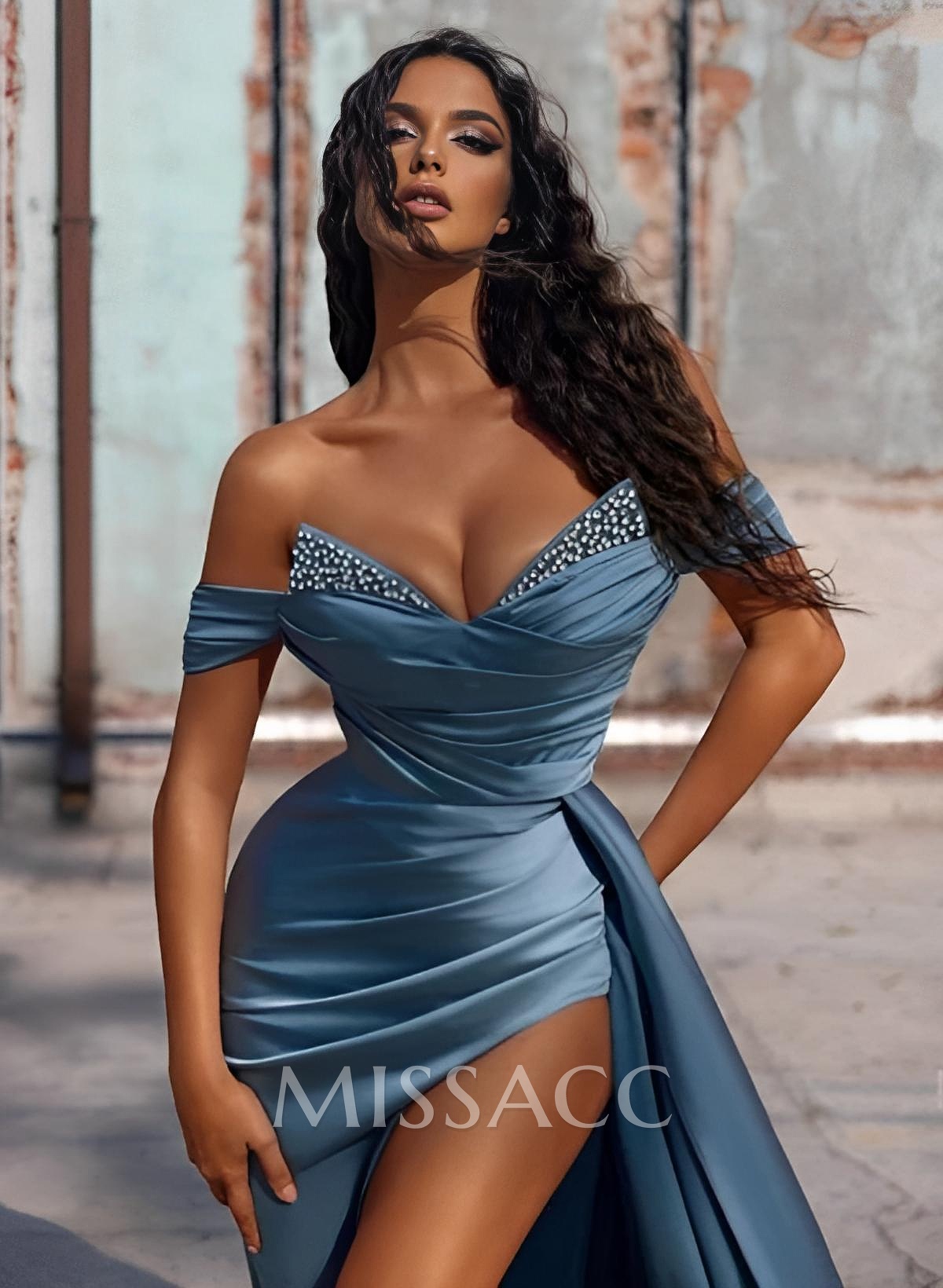 Sheath/Column Off-The-Shoulder Silk Like Satin Floor-Length Prom Dress With Split Front Beading